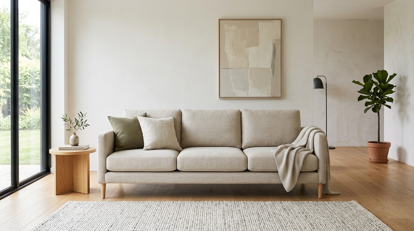 Modern upholstered sofa in a bright showroom interior